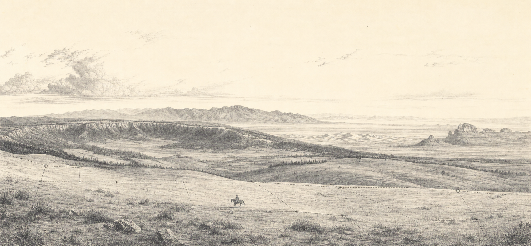 Engraved panorama of Southwestern landscapes associated with the Baca locations